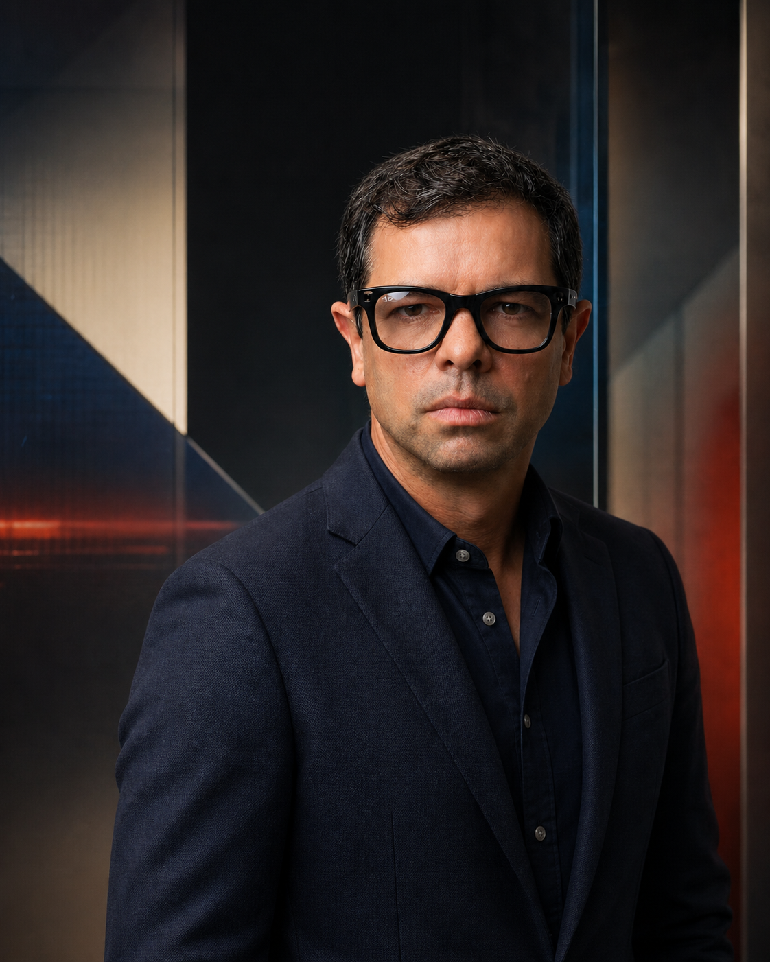 Retrato editorial de Guilherme Schulz com óculos em ambiente de consultoria premium